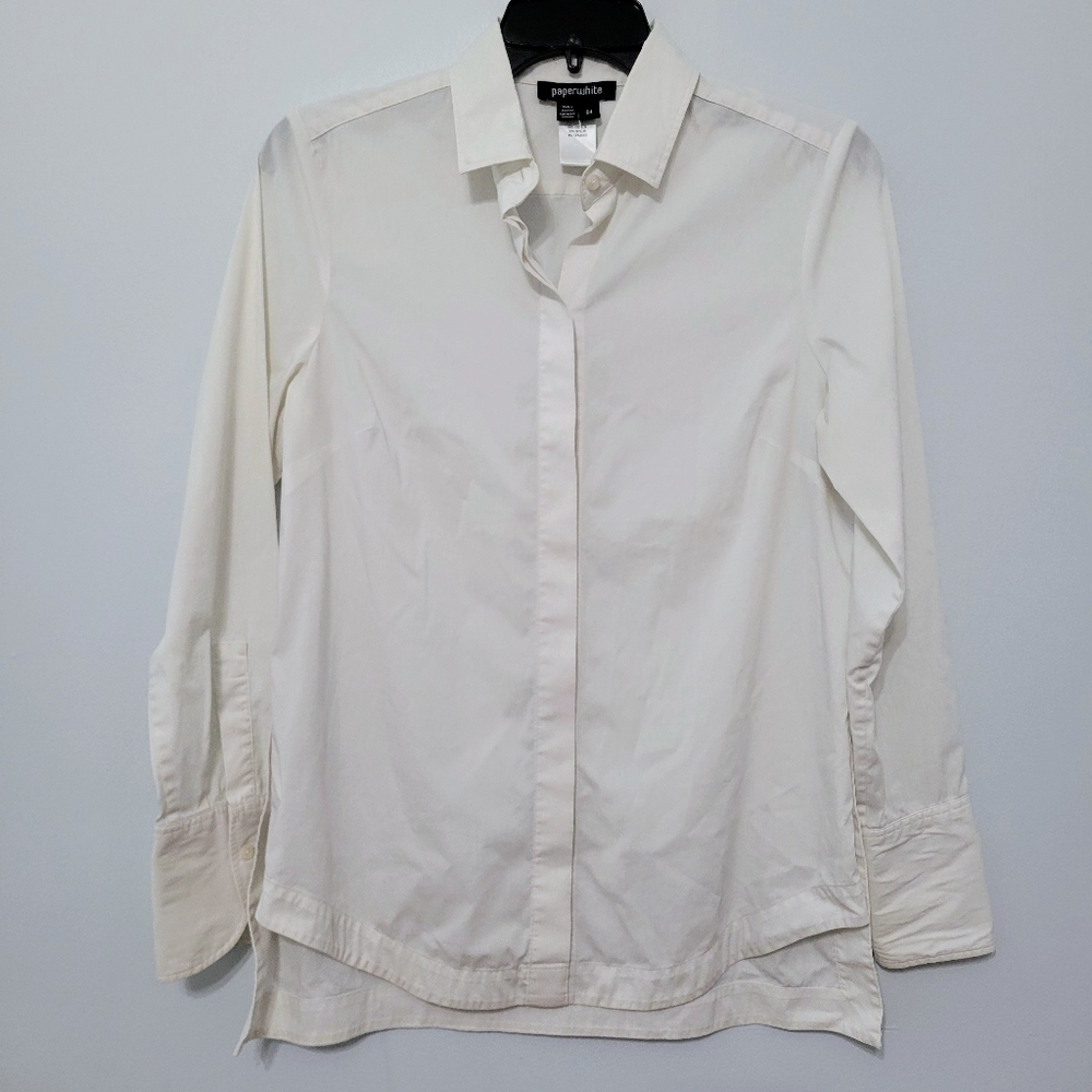 Paperwhite Women's Solid Off-White Long Sleeve Button Down Shirt Size 4 Office